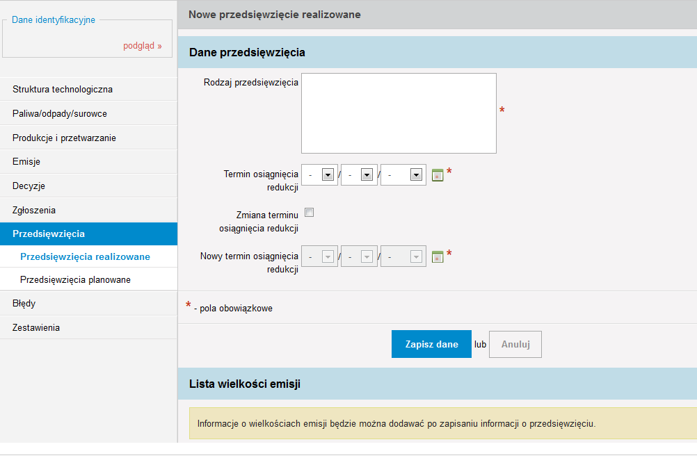 W polu Rodzaj przedsięwzięcia należy krótko opisad podjęte działania, dzięki którym uzyskano emisję zredukowaną bądź emisję unikniętą.