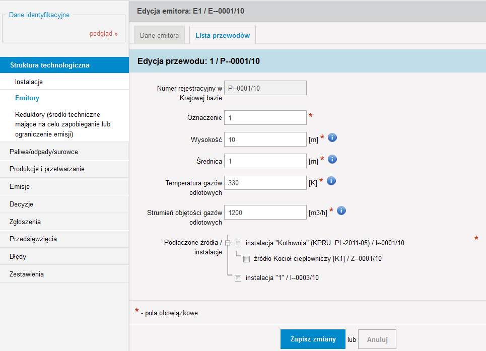 tylko dla emitorów o wylocie pionowym otwartym wprowadza się informacje o przewodach i ich charakterystykę oraz dla każdego przewodu wskazuje się źródła/instalacje, z których odprowadzane są tym