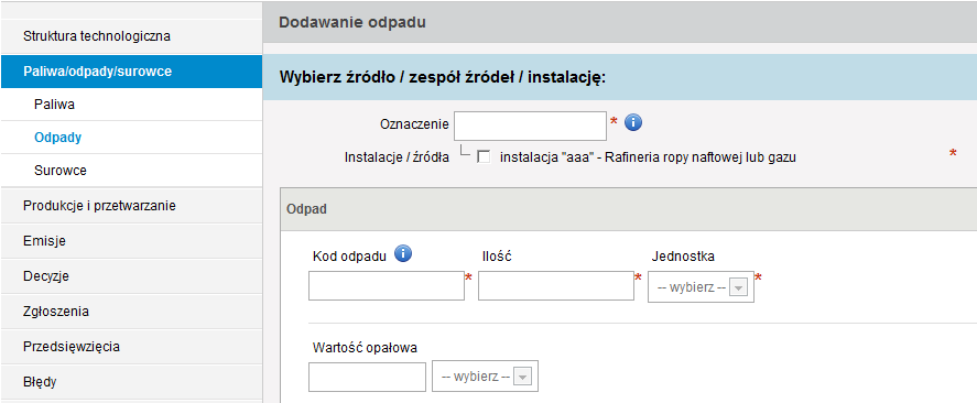 Po dokonaniu tego wyświetli się formularz DODAWANIE ODPADU.