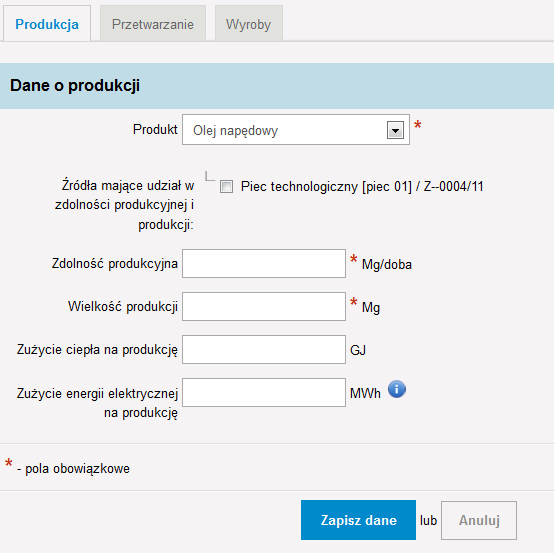 Po wyborze produktu z listy rozwijalnej pojawią się kolejne pola do uzupełnienia: drzewko Źródła mające udział w zdolności produkcyjnej i produkcji (wyświetla się w przypadku, gdy w instalacji