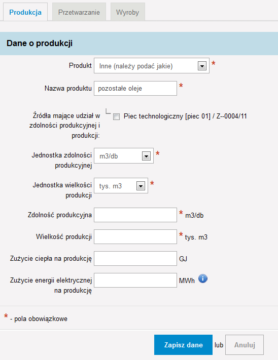 Po uzupełnieniu powyższych pól zakres informacji wprowadzanych w ramach tego formularza ulega rozszerzeniu o następujące informacje: drzewko Źródła mające udział w zdolności produkcyjnej i