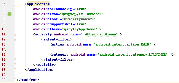 R.layuot.activity_aktywnosc_glowna, który oczywiście możemy znaleźć w drzewie projektu w węźle res->layout->activity_aktywnosc_glowna.xml (patrz poniżej).