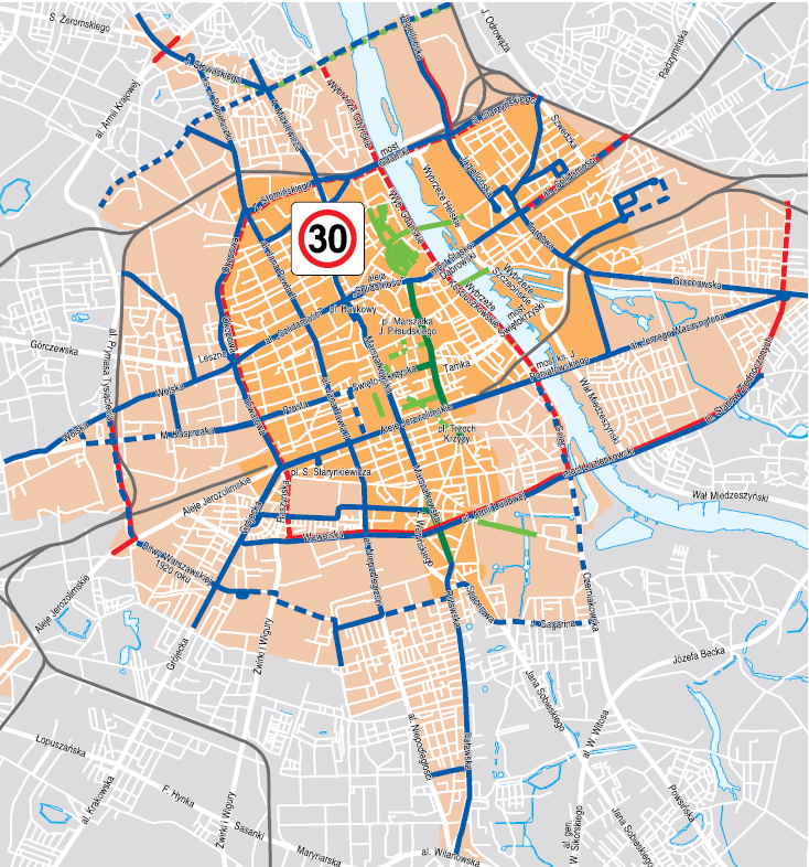 System drogowy Ograniczenia w śródmieściu Zgodnie z przyjętą polityką transportową, w obszarze centrum Warszawy (strefa I - śródmiejska) podstawową rolę w obsłudze obszaru pełnić będzie transport