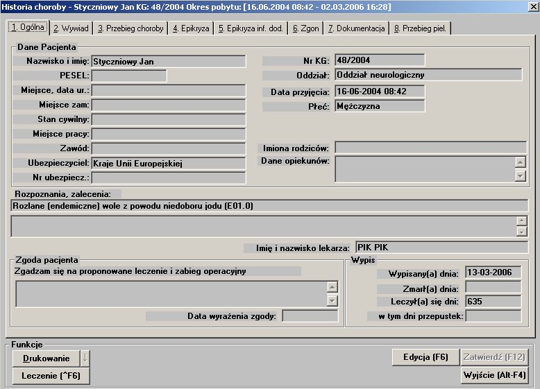 5.1.1.8 Historia choroby Lokalizacja: Menu Oddział>Pacjenci>Przycisk Poleceń [Przegląd F5]>Przycisk Poleceń [Historia choroby] W oknie przechowywane są dane opisujące historię choroby pacjenta