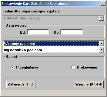 Rodzaj raportu do wyboru są: Zestawienie nowoprzyjętych lub Zestawienie wypisanych porządek prezentacji wyników (sortuj wg daty wpisu na oddział; sortuj wg daty wypisu z oddziału), pole dostępne