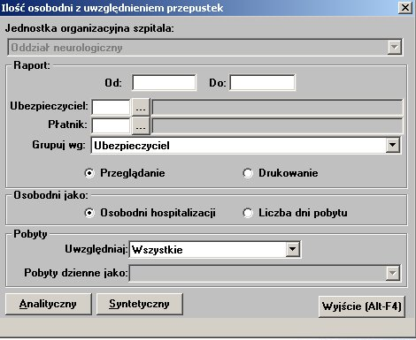 5.3.6 Ilość osobodni z uwzględnieniem przepustek Lokalizacja: Menu Raporty>Ilość osobodni z uwzględnieniem przepustek Opcja służy do wykonania zestawienia ilości osobodni z uwzględnieniem przepustek