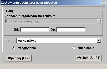 5.3.7 Zestawienie pacjentów na przepustce Lokalizacja: Menu Raporty> Zestawienie pacjentów na przepustce W polach zakres Od dnia... do dnia... należy określić czas jaki ma obejmować zestawienie.