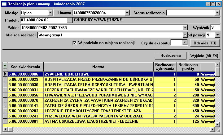 jednostkowych). W tabeli widoczne są: kod świadczenia, nazwa, rozliczenie wykonania, wartość punktowa oraz miejsce realizacji.