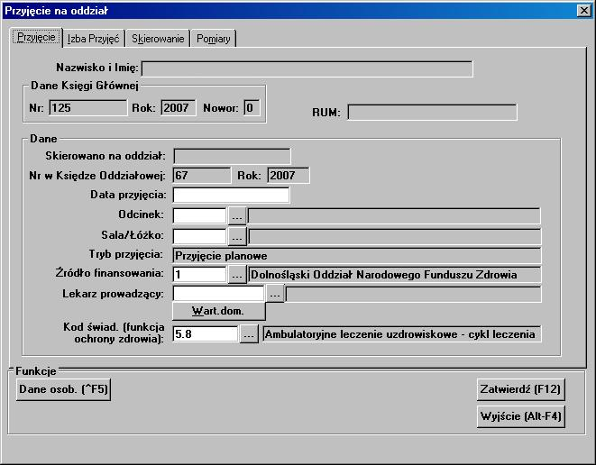 5.1.1.1 Przyjęcie na oddział Przyjęcie na oddział: Lokalizacja: Menu Oddział>Pacjenci> Przycisk Poleceń [F2] Pacjent może być przyjmowany na oddział z Izby Przyjęć bądź z innego oddziału.