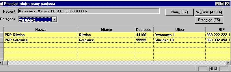 5.1.1.1.1.2 Przegląd miejsc pracy pacjenta Lokalizacja: Menu Oddział>Pacjenci>Przycisk Poleceń [Przegląd F5]>Przycisk Poleceń [Dane osobowe F5]>Zakładka Dane dodatkowe>przycisk [Miejsca pracy] W