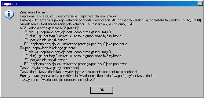 Użycie przycisku JGP, wyświetla listę JGP odpowiednich dla danej hospitalizacji wraz z ich wyceną (świadczenia o najwyższej wycenie prezentowane są u góry