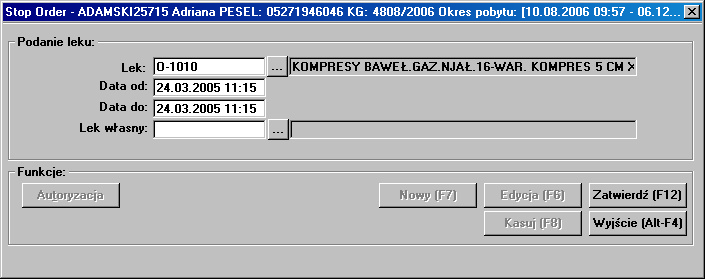 Funkcjonalność ta pozwala na pozwala na jednoczesne edytowanie kilku wybranych podań leków. Określone na tym dialogu wartości zostaną przepisane do wszystkich podań.