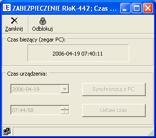 Uruchamiając Zegar czasu rzeczywistego przechodzimy do okna konfiguracji Czas rzeczywisty Opcja Odblokuj powoduje wyświetlenie okna Weryfikacja uprawnień Po wcześniejszym odblokowaniu dostępne są