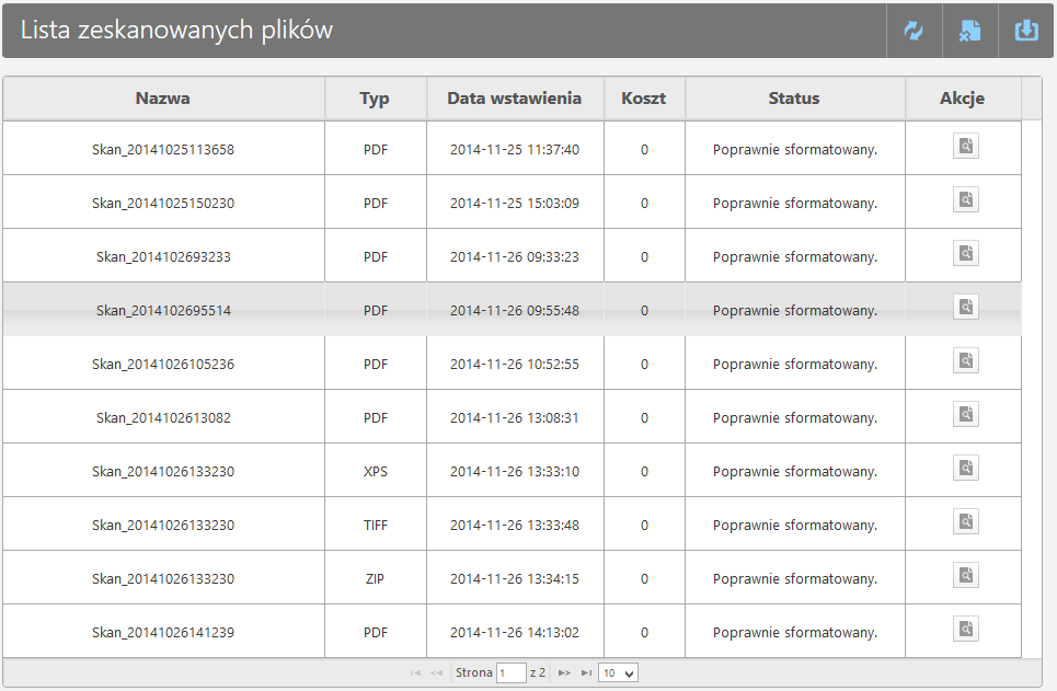 Rys 37. Widok listy zeskanowanych plików. Widniejące na liście (Rys. 37) pliki posiadają jedno z 4 rozszerzeń: PDF, XPS, TIFF lub ZIP.