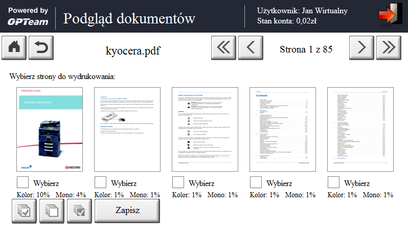 Przycisk uruchamia proces drukowania dla wybranych dokumentów. Podobne działanie ma również przycisk sprzętowy Start dostępny na panelu urządzenia KYOCERA.