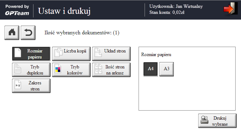 Rys 50. Ekran zaawansowanych ustawień wydruku dla pliku. Na Rys. 50 przedstawiony jest ekran uruchamiany po wciśnięciu przycisku na liście dokumentów do wydruku.