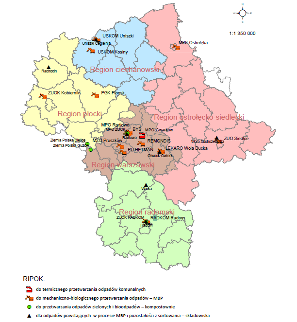 Rysunek 1. Regionalne instalacje przetwarzania odpadów na terenie województwa mazowieckiego w 2014 r. 18 W 2014 r.