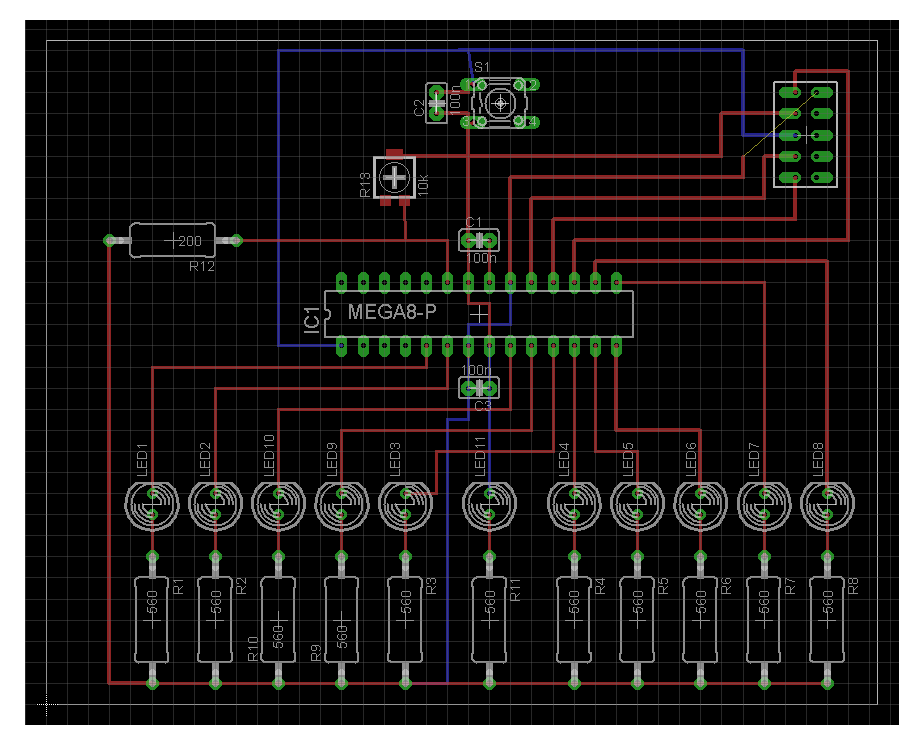 Rysunek 5: Schemat płytki drukowanej rurki wizualizującej przyśpieszenie za pomocą mikrokontrolera ATMEGA8 i 11 diod LED, przy czym akcelerometr jest