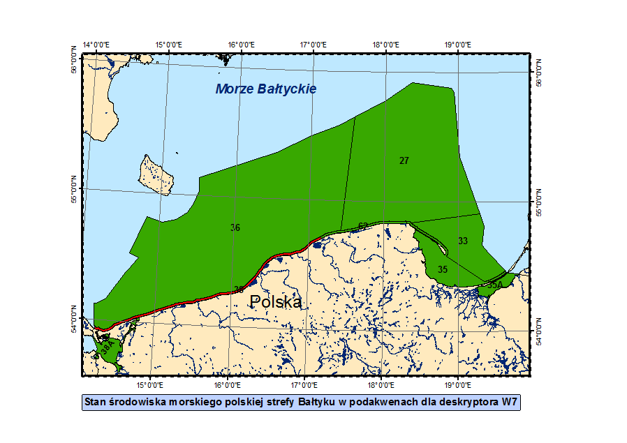 Numer podakwenu 27 Nazwa podakwenu Ocena wartość liczbowa Ocena GES/subGES Wody otwarte wschodniej części Bałtyku Właściwego 4 GES 33 Wody otwarte Zatoki Gdańskiej 4 GES 35 Polskie wody przybrzeżne