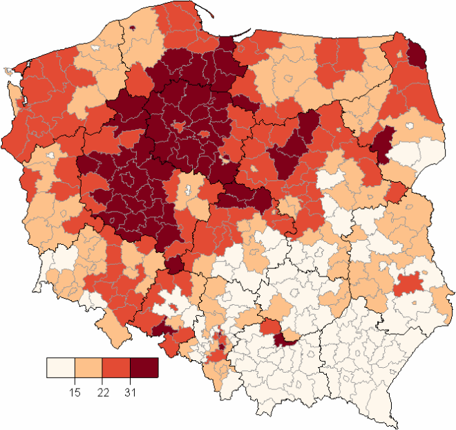 POLSKA ZRÓŻNICOWANIE PRZESTRZENNE udział użytkowników indywidualnych gospodarstw rolnych z wykształceniem