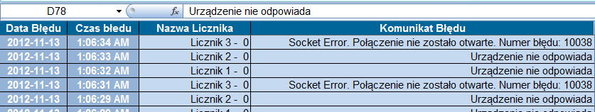 Nazwa - nazwa licznika wpisana w arkuszu Ustawienia Modbus. Opis - opis licznika wpisana w arkuszu Ustawienia Modbus. Czas Aktualizacji - czas ostatniego odczytu licznika.