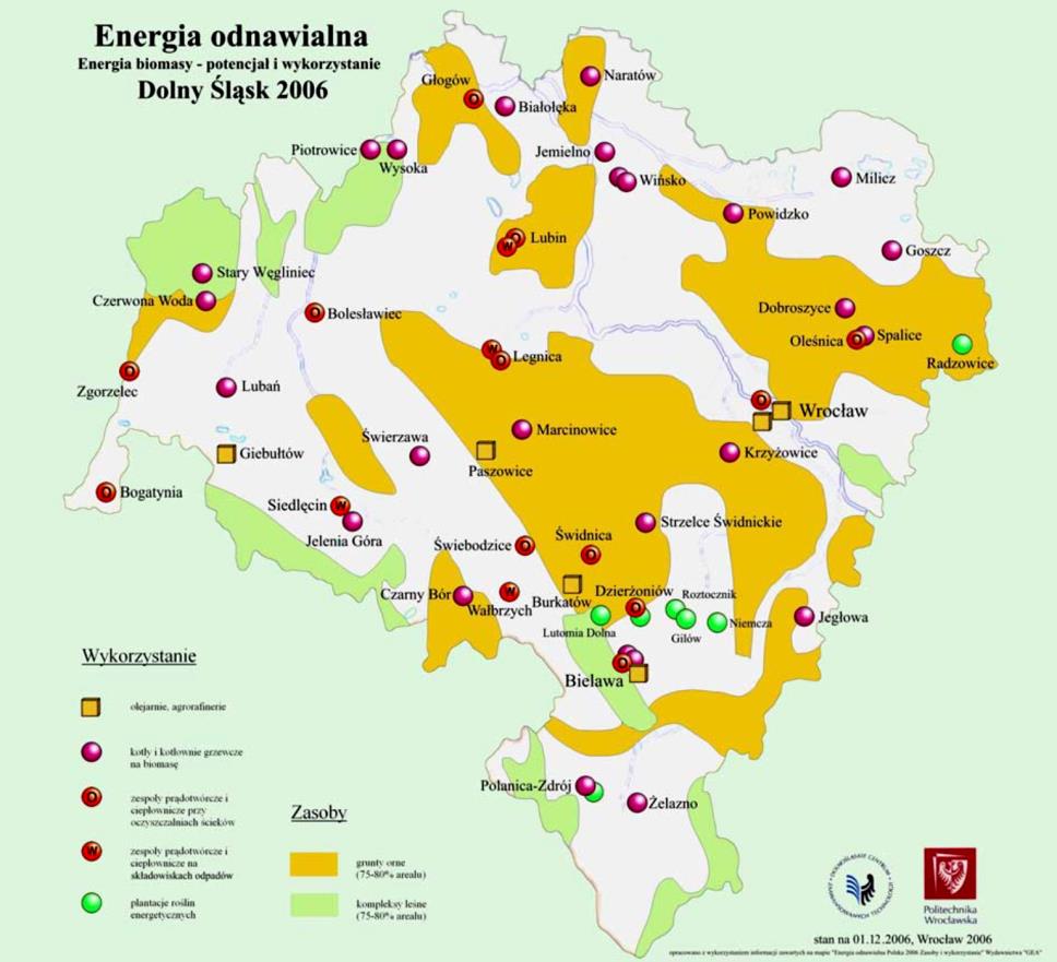 Rysunek 13 Potencjał i wykorzystanie biomasy na Dolnym Śląsku Źródło: Potencjał Dolnego Śląska w zakresie rozwoju alternatywnych źródeł energii, Dolnośląskie Centrum Zaawansowanych Technologii 2006 W