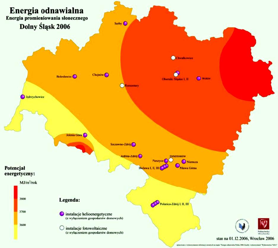 Rysunek 14 Potencjał i wykorzystanie energii bezpośredniego promieniowania na Dolnym Śląsku.