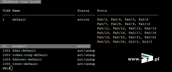 21 (Pobrane z slow7.pl) Na poniższym zrzucie fakt ukazania niemożności konfiguracji sieci VLAN na przełączniku SW2.