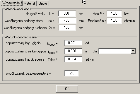 1. Tryb wprowadzania obciążeń W tym trybie głównym zadaniem jest przygotowanie cech geometrycznych wału: długość, rozstaw podpór oraz wprowadzenie obciążeń oddziałujących na wał.