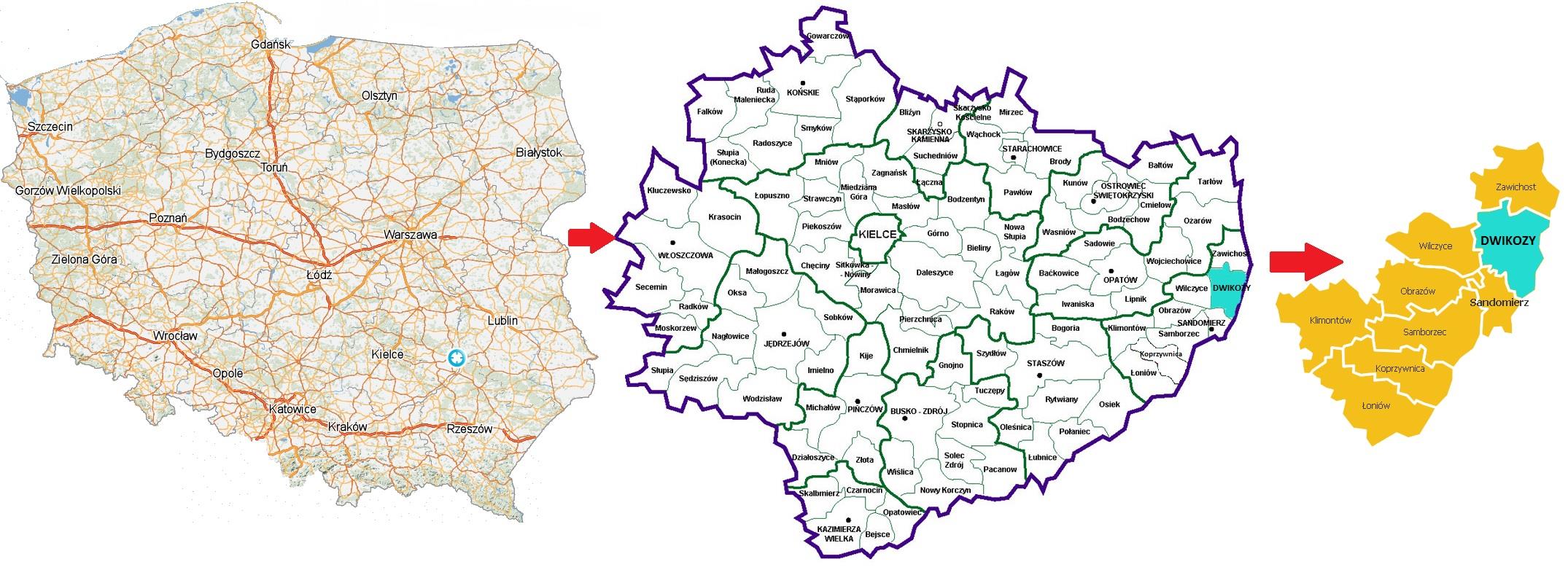 Mapa 3 Lokalizacja Gminy Dwikozy na tle Polski, województwa