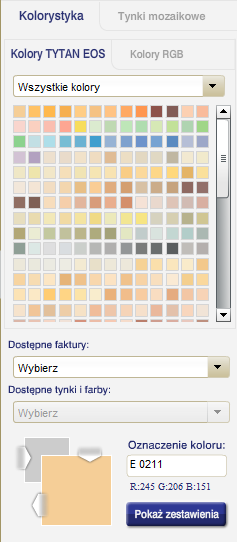 5. Nadawanie koloru dla powierzchni Aby dobrad właściwy kolor z palety TYTAN EOS, należy przy aktywnej powierzchni kolorystycznej, której nadajemy kolor, uaktywnid w prawym bocznym menu programu