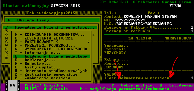 drukarek igłowych. Przed wydrukiem możliwy jest wybór profilu do którego będzie kierowany wydruk (klawisz P ). Można również przywołać okno ustawienia drukarki (klawisz W ). 3.