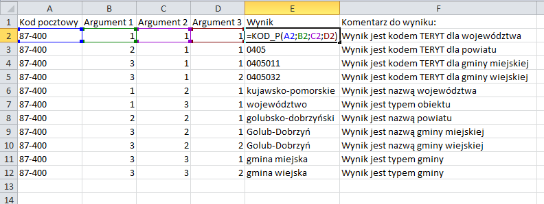 Funkcja KOD_P: Aplikacja zawiera wbudowaną funkcję o nazwie KOD_P, która (posiadając uruchomiony dodatek CONT-EVO MAP), możemy używać w arkuszu MS Excel. Funkcja posiada 4 argumenty: 1.