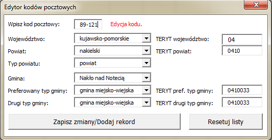 Możemy przeszukać bazę aplikacji, wpisując określony kod pocztowy w pierwsze pole załóżmy, że wpiszemy kod 89-121: Jeśli kod istnieje w bazie, pojawi się komunikat, iż jesteśmy w trybie edycji kodu