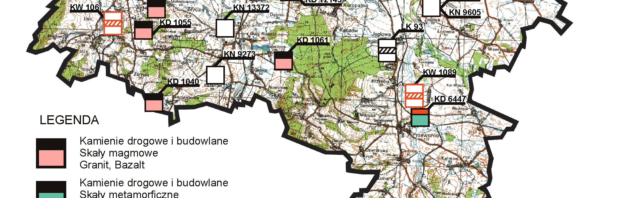 Kopalnie w krajobrazie powiatu... Rysunek 2. Rozmieszczenie złóż surowców naturalnych w powiecie strzelińskim. Figure 2.