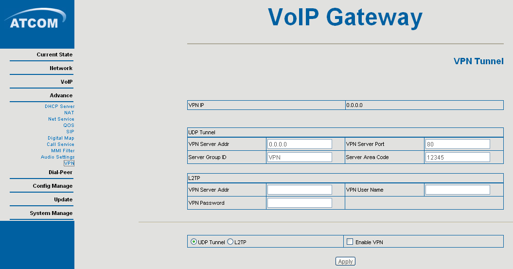 VAD: FAX Mode: Włączenie/wyłączenie funkcji detekcji ciszy. Wybór protokołu emulacji FAX-u 2.5.10 VPN Bramka wspiera połączenia VPN z wykorzystaniem protokołów UDP i L2TP.