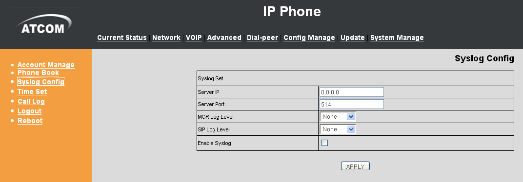 2.9.3 Konfiguracja usługi Syslog Server Address: Adres serwera syslog. Server Port: Port serwera syslog. MGR Log Level: Ustaw poziom logowania dla działań konfiguracyjnych.