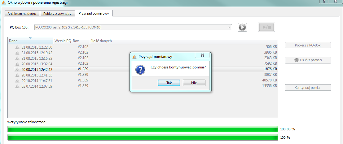 Ściągnąć zaznaczony plik z danymi przyciskiem Wczytaj dane z PQ-Box. I kontynuować rejestrację po wciśnięciu Kontynuuj.