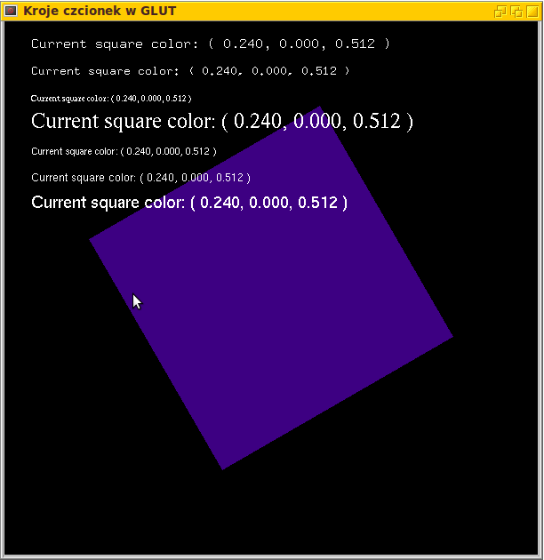 3.1. GLUT 29 Niestety, ze względu na charakter mechanizmu obsługi napisów w GLUT na barkach programisty leży odpowiedzialność za poprawną interpretację znaków formatujących występujących tekście.