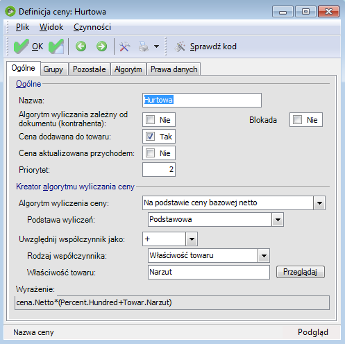 Zakładka Ogólne okna definicji ceny Zakładka Ogólne zawiera dwie sekcje: Ogólne i Kreator algorytmu wyliczenia ceny, a w nich następujące pola: Sekcja Ogólne: Nazwa nazwa ceny. Pole alfanumeryczne.