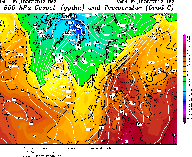 Temperatura na wysokości 850hPa.