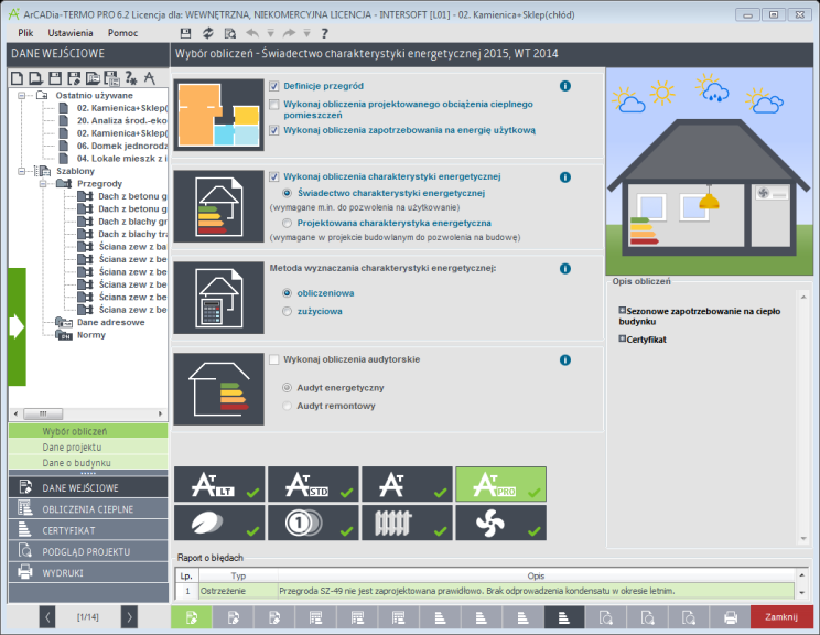 2.1 KROK 1 OBLICZENIA CIEPLNE 2.1.1 Wybór obliczeń Program pozwala sporządzać świadectwo charakterystyki energetycznej zarówno zgodnie z zasadami najnowszego rozporządzenia 1, obowiązującymi od 18 kwietnia 2015 r.