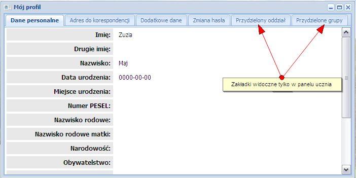 Mój profil W oknie Mój profil, mamy dostęp do zakładek zawierających informacje dotyczące osoby aktualnie korzystającej z systemu.