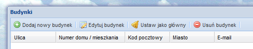 Budynki Okno Budynki przestawia listę budynków szkoły, z których tylko jeden może zostać wybrany, jako budynek główny.