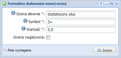 Oceny Moduł służy do tworzenia ocen z przedmiotów i zachowania oraz przypisywania im wartości liczbowej. Moduł również pozwala na stworzenie wewnątrzszkolnego systemu oceniania opisowego.