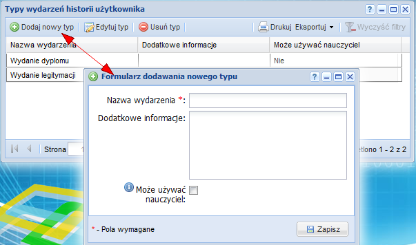 Typy wydarzeń Moduł pozwala na stworzenie typu wydarzenia, które będzie widoczne w historii ucznia. Każdy uczeń szkoły posiada indywidualną historię wydarzeń.