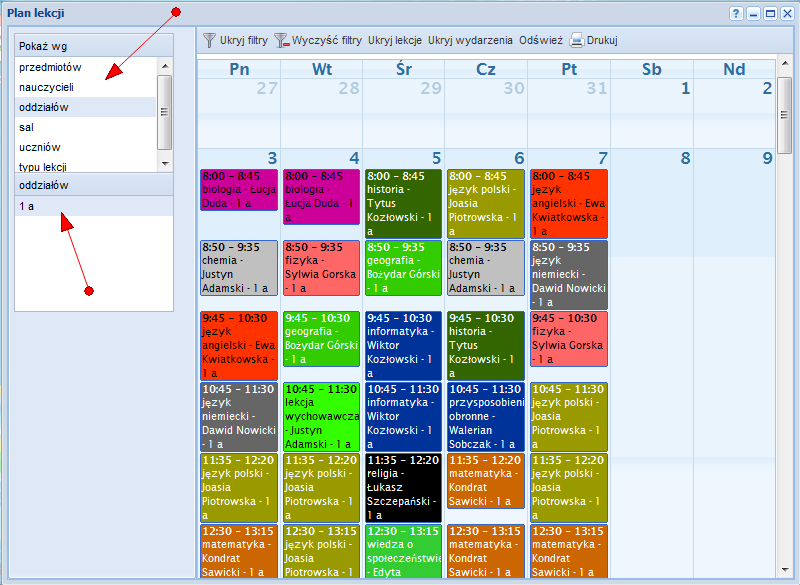 Plan lekcji Na planie lekcji widoczne są lekcje oraz wydarzenia w szkole.