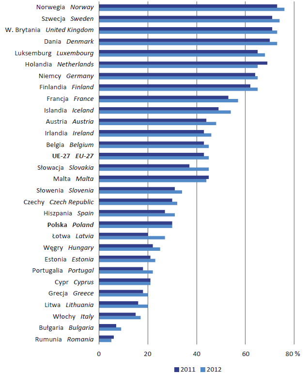 Zamawiający przez internet produkty do użytku prywatnego w krajach europejskich 30,3% w 2012 r.