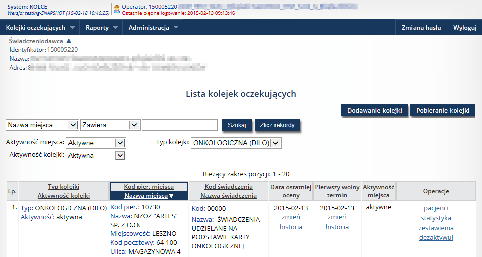 4. Praca z systemem Po poprawnym zalogowaniu do aplikacji, zostanie wyświetlona Lista kolejek oczekujących. Całe okno zbudowane jest z obszarów opisanych w poniższych punktach. 1.