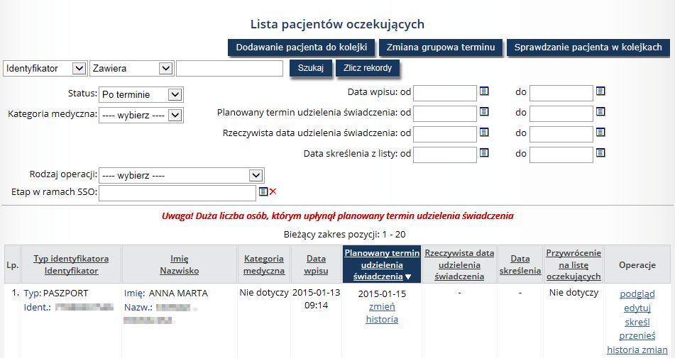 Rys. 6.12 Przykładowa lista pacjentów oczekujących Na Liście pacjentów oczekujących dodano ostrzeżenia o treści: Uwaga! Duża liczba osób, którym upłynął planowany termin udzielenia świadczenia.